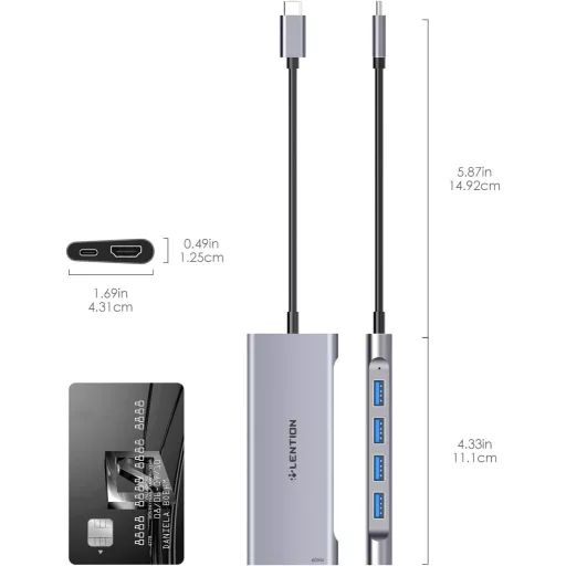 LENTION USB C Hub HDMI 4K60Hz - adaptér 6 v 1 pre MacBook Pro/Air, iPhone 16/15, 100W PD nabíjanie, 4 USB 3.0 porty, hliník