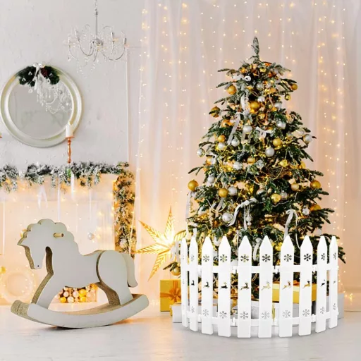 Set Gukasxi de mini-gard alb din plastic - 20 bucăți decorative interconectabile pentru împrejurul bradului de Crăciun - Ornament de grădină de 30 cm înălțime