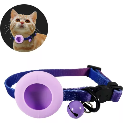 Zgardă Generico pentru Pisici cu Suport Apple AirTag - Husă de Urmărire Textilă Violetă pentru Pisici de Toate Mărimile, Accesoriu pentru Animale de Companie, Localizator de Ușă