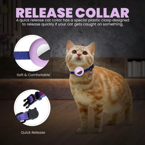 Zgardă Generico pentru Pisici cu Suport Apple AirTag - Husă de Urmărire Textilă Violetă pentru Pisici de Toate Mărimile, Accesoriu pentru Animale de Companie, Localizator de Ușă