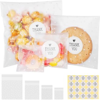   ilauke Öntapadós Cellofán Tasak 300db OPP Átlátszó Fagyos Cukorka Keksz Ajándék Csomagolás Pöttyös Mintával Matrica
