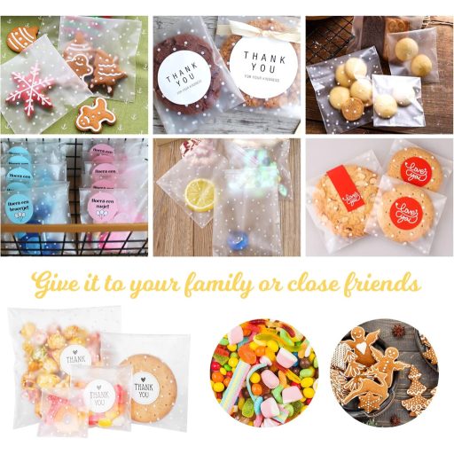 ilauke Öntapadós Cellofán Tasak 300db OPP Átlátszó Fagyos Cukorka Keksz Ajándék Csomagolás Pöttyös Mintával Matrica