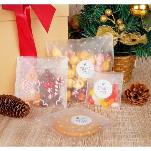 ilauke Öntapadós Cellofán Tasak 300db OPP Átlátszó Fagyos Cukorka Keksz Ajándék Csomagolás Pöttyös Mintával Matrica