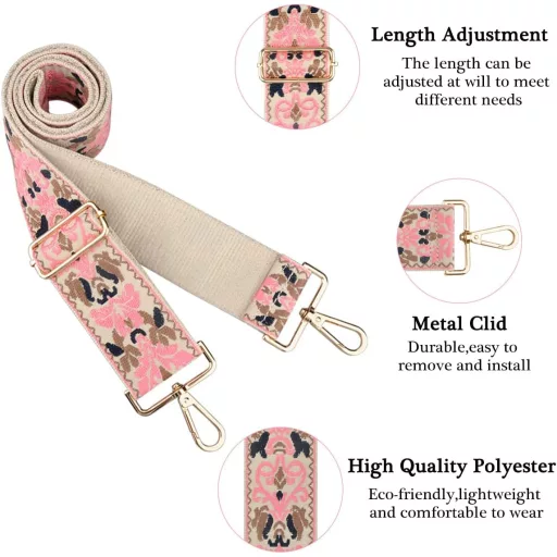HONZUEN Nastaviteľný popruh na tašku, široký ramenný popruh s karabínou 75-135cm - Béžovo-ružový