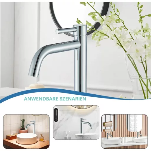 Suguword Visoka slavina za umivaonik | Jednoručna miješalica za kupaonicu u krom izvedbi | Slavina za umivaonik od mjedi s izljevom od 20 cm