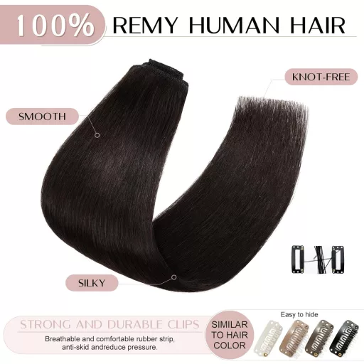 SEGO Extensii Clip-In din Păr Natural, Set 8 Piese, 40 cm, Negru Natural