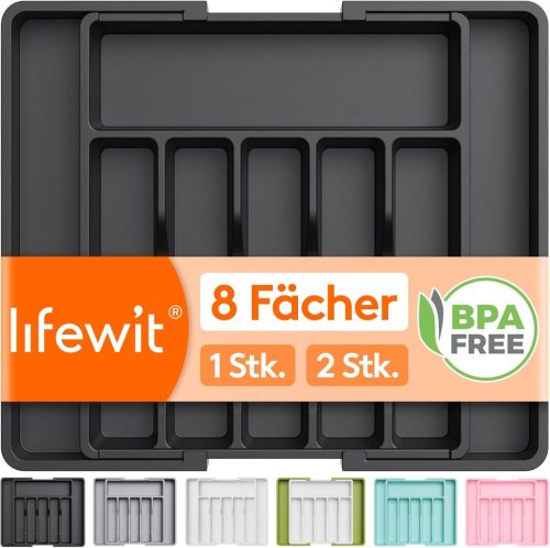 Lifewit Állítható Evőeszköztartó Fiókba - Fekete Műanyag Konyhai Rendszerező Kanalaknak, Villáknak, 33-57 cm Szélesség