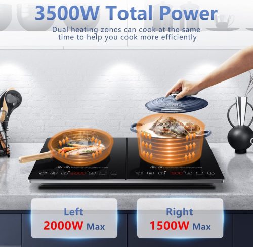 AMZCHEF Dupla Indukciós Főzőlap 3500W - 2 Önálló Zóna, 20 Hőmérsékletszint, Időzítő, Biztonsági Zár, Érintőgombos Vezérlés, Ezüst-Fekete