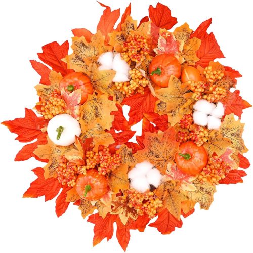 Coroniță decorativă de toamnă cu frunze artificiale, dovleci și bumbac - Decor de Ziua Recunoștinței și Halloween