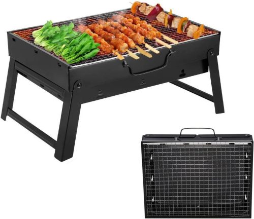 ROIMOE Hordozható Faszenes Grillsütő - Összecsukható Asztali BBQ Grill Kempingezéshez, Piknikezéshez, Fekete, Nagy Méret (43x29x22 cm)