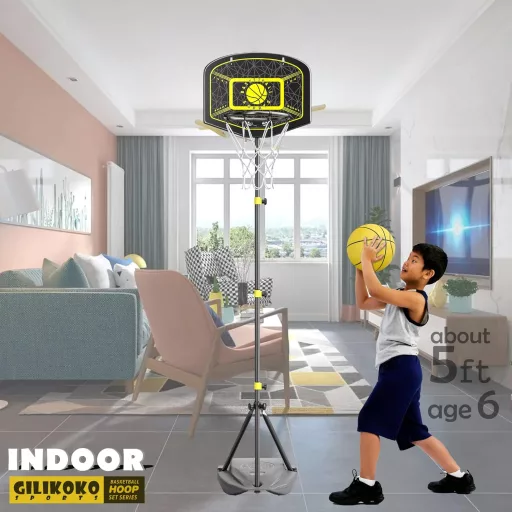 GILIKOKO Kosárlabda Palánk Állvánnyal - 110-190 cm Állítható Magasságú Gyerek Kosárpalánk Szett Beltéri és Kültéri Játékhoz 3-8 Éveseknek