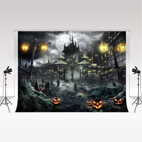 Kate Fundal Decor Halloween 3x2m - Cimitir Felinar Dovleac Castel Abandonat Fundal Foto - Material Microfibră Recuzită Decor Petrecere