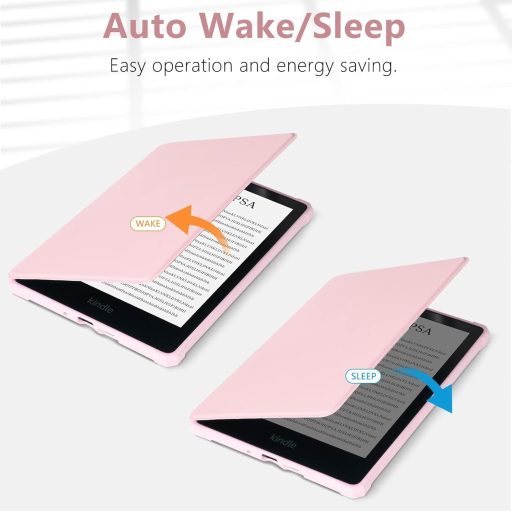 Husa de piele FUWANG pentru Kindle Paperwhite generația 11, 6.8", negru/roz, cu funcție auto sleep/wake