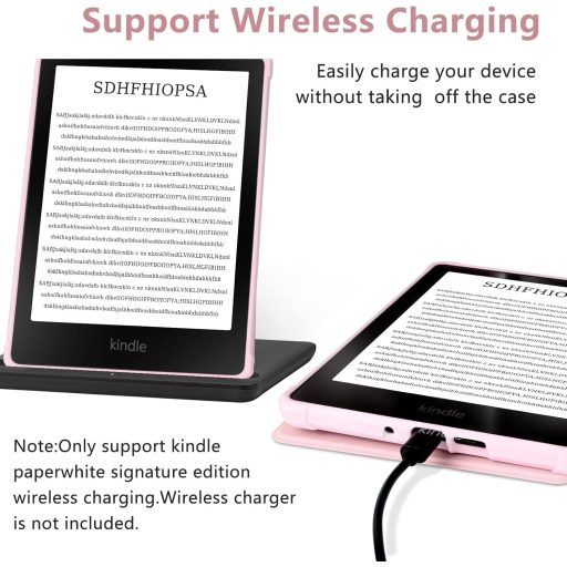 Husa de piele FUWANG pentru Kindle Paperwhite generația 11, 6.8", negru/roz, cu funcție auto sleep/wake