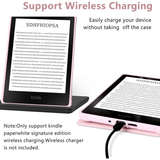 Husa de piele FUWANG pentru Kindle Paperwhite generația 11, 6.8", negru/roz, cu funcție auto sleep/wake