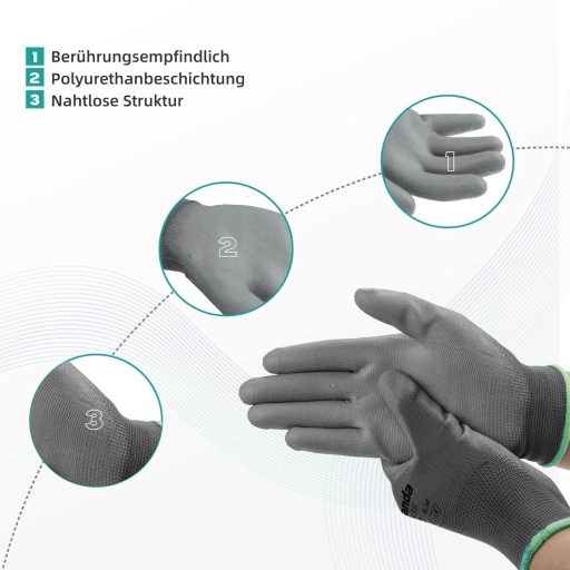 Munkakesztyűk PU Bevonattal, Unisex, Olajálló, Kertészkedéshez - 12 Pár