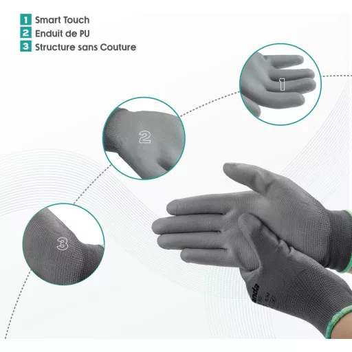 Munkavédelmi Kesztyűk, 12 Pár, M-es méret, PU Bevonatú Tenyér és Ujjak, Szürke