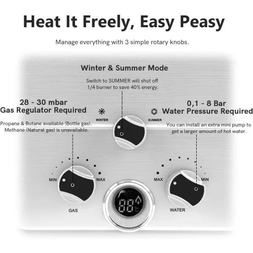 Încălzitor de apă instant pe gaz BreeRainz 20L/min, 40kW, propan GPL, pornire la presiune scăzută