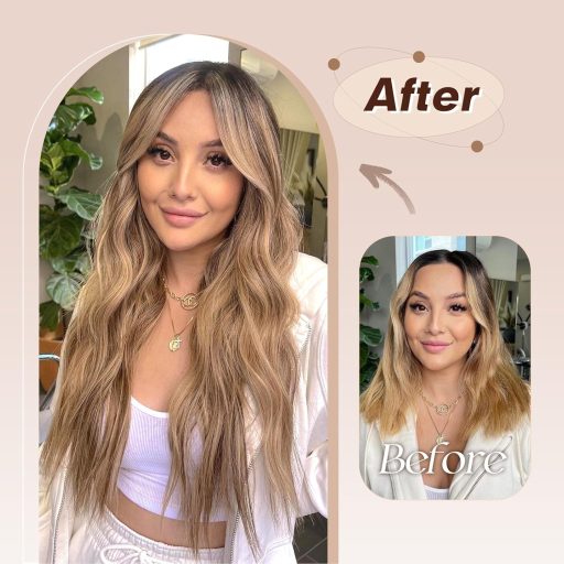 FESHFEN Clip-in predlžovanie vlasov, 4 kusy, 50 cm, vlnité syntetické vlasy, karamelovo hnedé s popolavo blond melírom, pre ženy