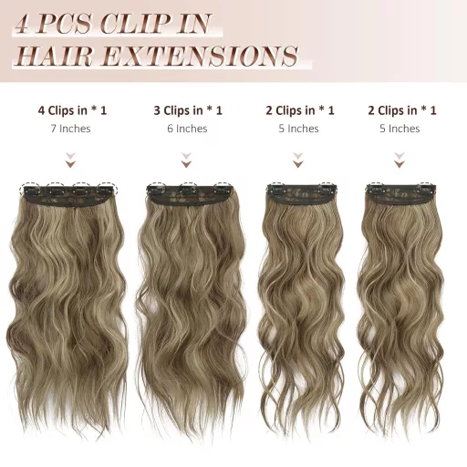 Extensii de păr cu clips FESHFEN, set de 4 bucăți, 50 cm, ondulate, păr sintetic, șaten caramel cu șuvițe blond cenușiu, pentru femei