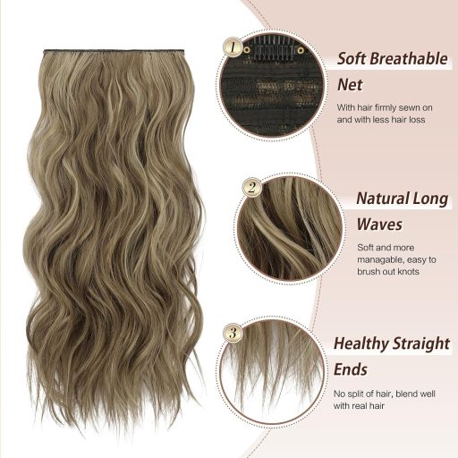 Extensii de păr cu clips FESHFEN, set de 4 bucăți, 50 cm, ondulate, păr sintetic, șaten caramel cu șuvițe blond cenușiu, pentru femei