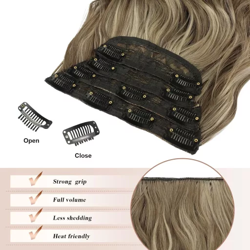 Extensii de păr cu clips FESHFEN, set de 4 bucăți, 50 cm, ondulate, păr sintetic, șaten caramel cu șuvițe blond cenușiu, pentru femei