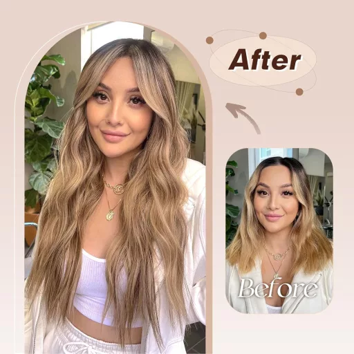 Extensii de păr cu clips FESHFEN, set de 4 bucăți, 50 cm, ondulate, păr sintetic, șaten caramel cu șuvițe blond cenușiu, pentru femei
