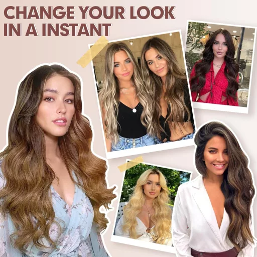 Extensii de păr cu clips FESHFEN, set de 4 bucăți, 50 cm, ondulate, păr sintetic, șaten caramel cu șuvițe blond cenușiu, pentru femei