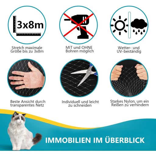 NieKilig Macskahálózat Erkélyre 8x3m Átlátszó Rögzítés Nélkül Ablak Erkély Védelem