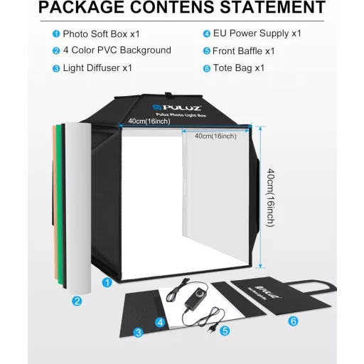 PULUZ 40x40cm Profi Fotóstúdió Softbox 480 LED Dimmer Fénnyel és 4 Háttérrel