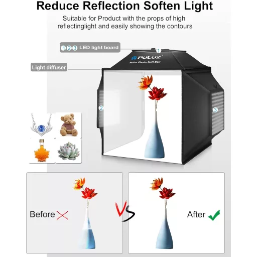 PULUZ 40x40cm Profi Fotóstúdió Softbox 480 LED Dimmer Fénnyel és 4 Háttérrel