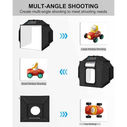 PULUZ 40x40cm Profi Fotóstúdió Softbox 480 LED Dimmer Fénnyel és 4 Háttérrel