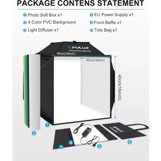 PULUZ 40x40cm Profi Fotóstúdió Softbox 480 LED Dimmer Fénnyel és 4 Háttérrel