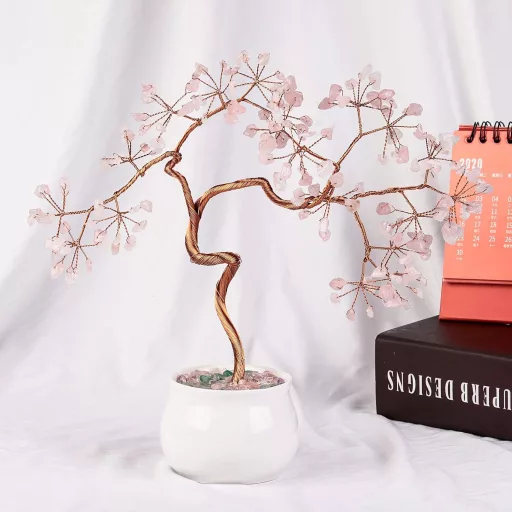 mookaitedecor Arbore de Bani cu Cuarț Roz, Bonsai din Cristal 8-9,5 cm cu Bază Ceramică - Decor Feng Shui Norocos pentru Acasă și Birou
