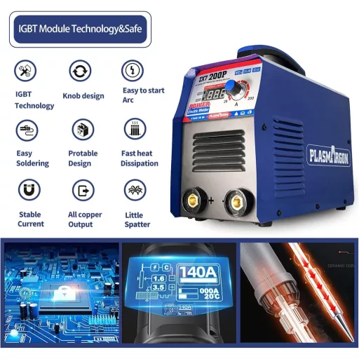 Invertorová zváračka PLASMARGON ZX7-200P 220V 200A - Prenosný digitálny IGBT MMA ARC zvárací stroj pre začiatočníkov, nízka produkcia dymu a prachu