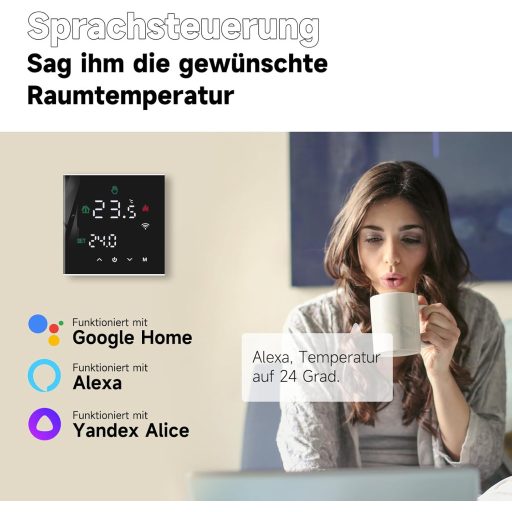 Termostat inteligent WiFi BEOK CONTROLS pentru centrală termică pe gaz/apă - Programabil, pentru încălzire prin pardoseală, compatibil cu Alexa și Google Home, ecran tactil, negru