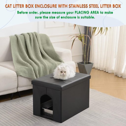 MEEXPAWS Toaletă pentru pisici din oțel inoxidabil cu dulap de depozitare ascuns - Mobilier WC pentru pisici impermeabil, de dimensiuni mari, rezistent la câini, asamblare ușoară