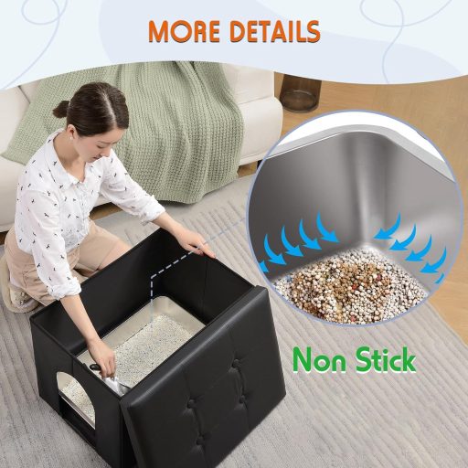 MEEXPAWS Toaletă pentru pisici din oțel inoxidabil cu dulap de depozitare ascuns - Mobilier WC pentru pisici impermeabil, de dimensiuni mari, rezistent la câini, asamblare ușoară