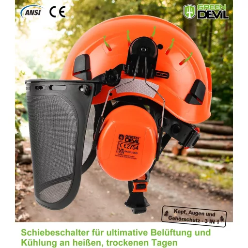 Cască de protecție forestieră 3 în 1 GREEN DEVIL - Cu căști antifoane și vizieră tip plasă - Cască de protecție rezistentă la impact cu orificii de ventilare - Pentru drujbă