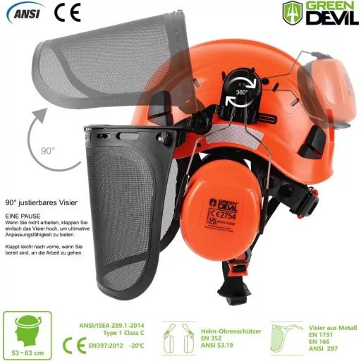 Cască de protecție forestieră 3 în 1 GREEN DEVIL - Cu căști antifoane și vizieră tip plasă - Cască de protecție rezistentă la impact cu orificii de ventilare - Pentru drujbă