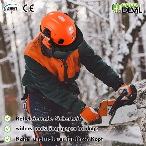GREEN DEVIL Erdészeti Védősisak 3 az 1-ben - Fülvédővel és Arcvédő Rostéllyal - Ütésálló Munkavédelmi Sisak Szellőzőnyílásokkal - Láncfűrész