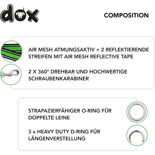 DDOXX Fényvisszaverő Kutyapóráz, Légáteresztő Hálós, 2m, 3-féle Állítható, Harapásálló, Zöld, M Méret, Minden Kutyamérethez