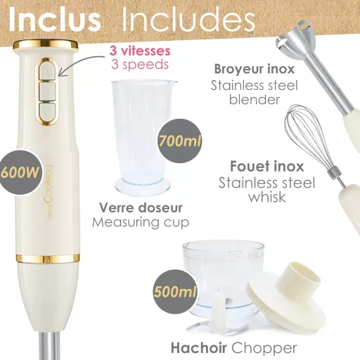 SCRAP COOKING 3 az 1-ben Kézi Mixer - Habverő, Turmixgép és Aprító Funkcióval - Arany és Matt Fekete