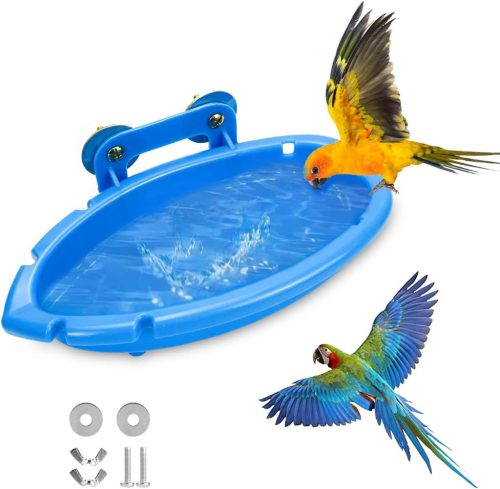 Baie pentru Papagali Sunshine Smile - Cădiță pentru Păsări de Colivie, Baie Suspendată pentru Păsări, Adăpător Multifuncțional pentru Păsări, Accesoriu Mic pentru Păsări din Plastic Albastru