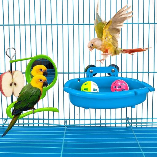 Baie pentru Papagali Sunshine Smile - Cădiță pentru Păsări de Colivie, Baie Suspendată pentru Păsări, Adăpător Multifuncțional pentru Păsări, Accesoriu Mic pentru Păsări din Plastic Albastru