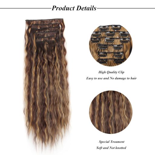 Cybelleza 50 cm Clip-in predlžovanie vlasov - 6 prameňov vlnitých syntetických vlasov Stredne hnedá a Tmavá blond - Prirodzene vyzerajúci objem