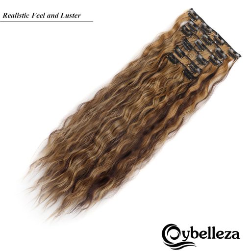 Cybelleza Extensii de păr cu clips, 50 cm - 6 șuvițe ondulate, păr sintetic, șaten mediu și blond închis - Efect natural, pentru volum
