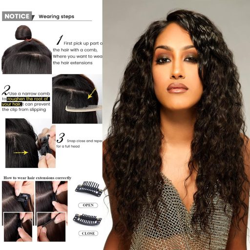 Cybelleza Extensii de păr cu clips, 50 cm - 6 șuvițe ondulate, păr sintetic, șaten mediu și blond închis - Efect natural, pentru volum