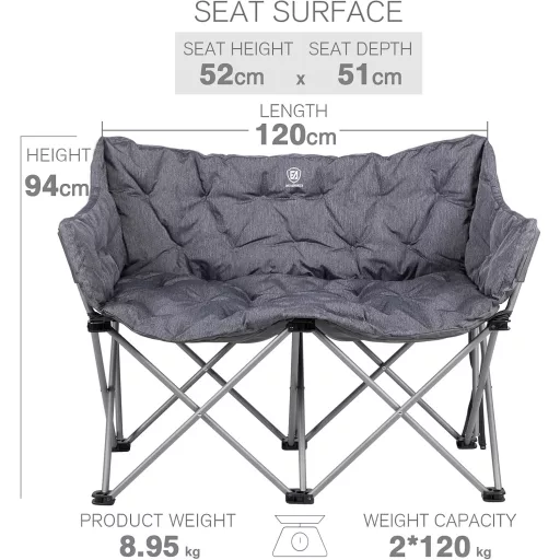 Scaun de camping EVER ADVANCED pentru două persoane, sarcină maximă 300 kg, cu spătar înalt căptușit