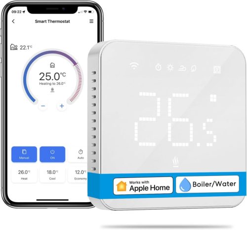 Meross Termostat Inteligent pentru Centrală Termică - Regulator de Încălzire WiFi cu Control Vocal Siri și Google, Ecran LED Tactil, Controlabil de la Distanță, Alb